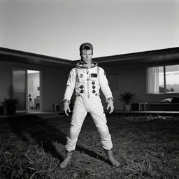 photorealistic wide shot black and white twilight zone style cinematography of a 1 9 8 1 version of healthy david bowie in a cheesy 5 0's space suit acting as a man from outter space in a twilight zone episode that takes place in mid century modern apartment shot on film by the shining cinematographer john alcott on a cooke panchro 1 8 mm lens.