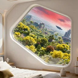 angled tilted closeup to a corner in a futuristic confy white bedroom, with wood and gold details and a huge futuristic glass window overlooking a lush alien yellow vegetation planet, vegetation spread across parts of a cyberpunk metropolis outside, a black ship in the sky, environmental lighting, sunny weather and red alien skies, ray tracing, amazing view, highly detailed,, octane render, unreal engine 5, 4 k