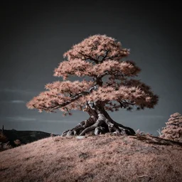 award winning infrared photography of andy lee, strange shaped bonsai tree on a small hill, moody, dramatic lighting, rule of thirds, wide angle lens