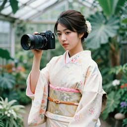 fashion photograph of a beautiful Japanese woman wearing a traditional kimono in a tropical greenhouse, by Annie Leibowitz, by Alessio Albi, extremely detailed, large format camera, Fuji Provia film, 85mm lens, bokeh, blurred background, photorealistic, trending on instagram, trending on artstation