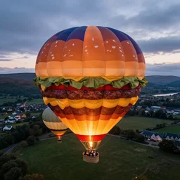 aerial photography, scotland, hot air balloon shaped like a hamburger, dusk
