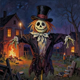 portrait photo still of a spooky scarecrow holding a match, wearing a top hat, in front of an old school on fire at night, 8 k, painting by artgerm and greg rutkowski and alphonse mucha