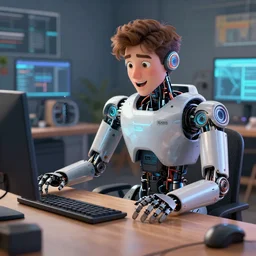 excited young programmer, robot details on table, digital art, art - station octane render high detailed hd by jesper ejsing, by rhads, ilya kuvshinov, global illumination.