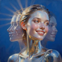 3 d, close - up, smiling fashion model, liquid metal, morning, sun rays, poster art, hyper detail, intricate oil painting, multiple exposure, deep blue mood, 3 d, by tooth wu and wlop and beeple and greg rutkowski