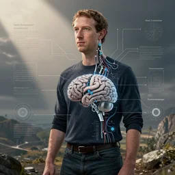 mark zuckerberg with cybernetic brain enhancements cybernetics and wires and infographics attached to him concept art artstation conceptual