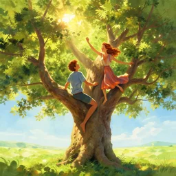 two people in jubilant love climb the tree of life together as the sun shines brightly, 8 k resolution digital painting, vibrant colors, by michael whelan, byalena aenami, behance hd, trending on artstation deviantart