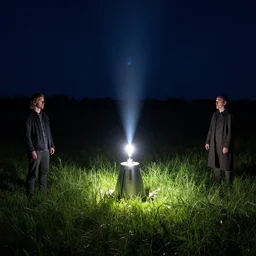 teleportation machine in a field at night, light shining from the machine and illuminating the grass by marius borgeaud and mikalojus konstantinas ciurlionis