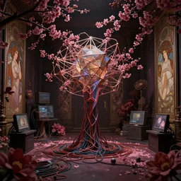 dark cherry blossom and geometrical objects, in a floral room full of neural networks and wires and computers, dark sci - fi, ai, 4 k realistic, art nouveau, alphonse mucha