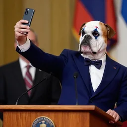 a president with bulldog face and clown makeup taking a selfie in a podium next to an angry first minister
