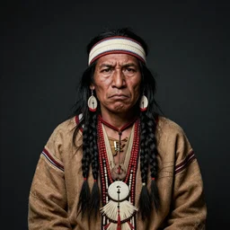 portrait of a hopi shaman, wearing hopi ceremonial costume, 7 0 yo, annoyed look, dark background, studio light, hdr, nikon 2 4 mm f / 1 1 g, by sebastiao salgado