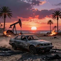 wide shot car broken post apocalyptic adrenaline anger oil black tar landscape wasteland miami desert fire craters natural disasters miami beach sunset fucked up palm trees landscape on fire 80s retrowave unreal engine fallout style far cry