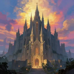 the grand castle of doom in the distance, art by greg rutkowski, digital art, trending on artstation, symmetry!!, epic composition, wide angle shot, colorful skies