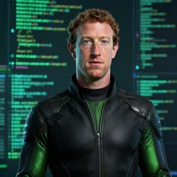 Mark zuckerberg wearing matrix clothing, against a background of programming codes. ultra-detailed, UHD, 8k, octane render