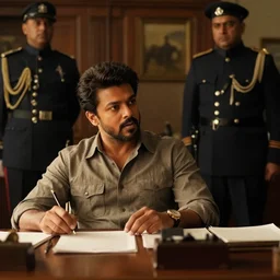 movie still of chiyaan vikram talking to a british officer in his office, directed by Christopher Nolan, 1921 period movie, cinematic