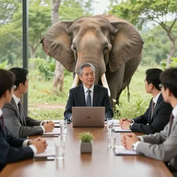 stock photograph of a business meeting and a hiding elephant