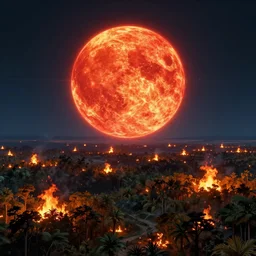 alien planet landscape with forests on fire. 1 gigantic red hot sun. jeffrey smith, stanley donwood