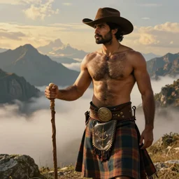 a dramatic epic beautiful ethereal painting of a handsome muscular shirtless hairy desi cowboy in the mountains | he is wearing a plaid kilt and cowboy hat, and holding a walking staff | background is mountain peaks and clouds | dramatic lighting, golden hour, homoerotic, realistic, art nouveau | by mark maggiori | trending on artstation