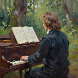 ultra realistic painting of bach sitting on a piano inside of a forest, thick brush strokes, visible paint layers, taken from the back of bach.