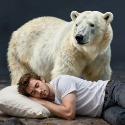 man sleeping next to polar bear