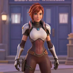 a film still of a a woman called tracer from overwatch in doctor who