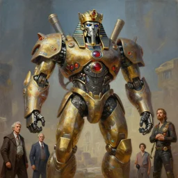 a giant king tut mecha, tim hildebrandt, wayne barlowe, bruce pennington, donato giancola, trending on artstation, cinematic composition, beautiful lighting, hyper detailed, 8 k, oil on canvas