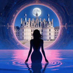 silhouette of a sexy woman emerging from pink and royal blue water in cyberpunk theme looking at an opening interstellar portal to renaissance italy, the portal opens to chateau de chambord during a blood moon, intricate, elegant, by greg rutkowski, claude monet, conrad roset, takato yomamoto, james jean, rule of thirds, seductive look,