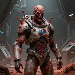 scifi art by Greg Rutkowski, a person infected with a kind of reddish silt that is sprouting from all over his body, violent and vicious appearance, dressed in a futuristic space suit, claustrophobic science fiction setting inside a desolate space colony, detailed and intricate environment, high technology, digital painting, artstation, concept art, smooth, sharp foccus ilustration, Artstation HQ.