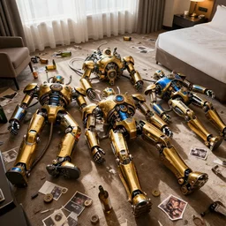 three shiny golden and blue metallic steampunk cyborg robots with gears and tubes laying in a messed up hotel room, empty bottles all over the floor, pressphoto, dawn light, insanely detailed, wide shot