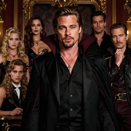 majestic humble long brown haired beardless slick brad pitt as vampire louis du point du lac portrait, luxurious indoor setting, atmospheric lighting, painted, voluptuous, menacing, intricate, volumetric lighting, rich deep colours masterpiece, sharp focus, ultra detailed, by leesha hannigan, ross tran, thierry doizon, kai carpenter, ignacio fernandez rios