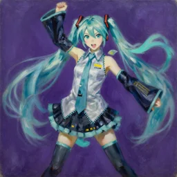 oil painting portrait of hatsune miku swinging and moving violently to the foreground of the painting, by oskar kokoschka, dynamic movement, deep purple background, chiaroscuro, automatism, tachisme, violence, heavy impasto technique, painterly, dynamism, iridescence, iridescent gradient, gaussian blur, desaturated, palette knife