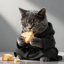 Cat Jedi eating cheese, digital art, realistic, detailed, artstation