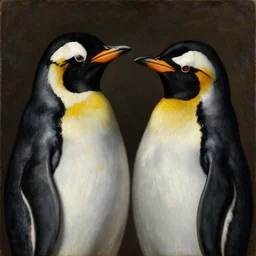 portrait of two penguins, oil painting by jan van eyck, northern renaissance art, oil on canvas, wet - on - wet technique, realistic, expressive emotions, intricate textures, illusionistic detail,