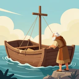 Old man in Biblical clothing working on Noah's ark, digital art, trending on artstation