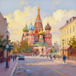 painting!! street view panorama of varvarka street ( russia moscow ) disney background keyart acrylics visible brush strokes soft colors golden hour by sorolla