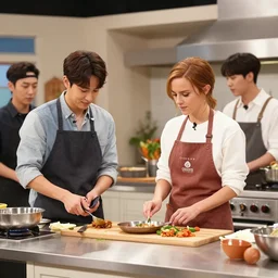 BTS k-pop stars cooking show in 4k in gourmet kitchen with great lighting with Emma Watson as guest host