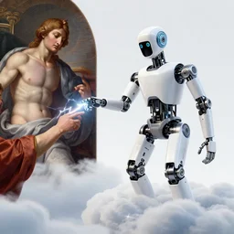 modern mechanical robot on the clouds is touching a human with lightning fingers, classical religious painting, michelangelo, concept art, stanley kubrick