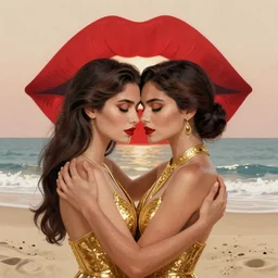 woman love woman, sweet hugs, gold trim, atmoshperic, elegant, sharp focus, sand sea, red sun, huge lips, by kardie art ♥, trending on artstation, intricate details