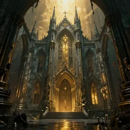 a gothic ruins,by James Paick,Greg Rutkowski,aaron horkey,trending on pinterest,Blade Runner 2049,luxury,mythological,ultra realistic,high detail,golden ratio,cinematic lighting,maximalist