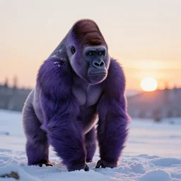 a purple gorila in snow, sunrise 4 k
