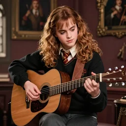 Hermione Granger/Emma Watson wearing a black sweater, playing a guitar, in the Gryffindor common room, portrait photo by Ivan Aivazovsky