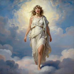 Full body oil painting of Taylor Swift, wearing a peplos, hair natural disheveled, approaching heaven over the clouds, naturalism, dramatic lighting, high-detailed oil painting by Ilya Repin, Michelangelo da Caravaggio, William Blake, Alex Grey and Beksinski, trending on Artsation, hystorical painting, naturalism, masterpiece, 4k, 8k