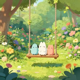 a wild and wonderful garden, full of flowers and strange creatures, as seen from a swing hanging from a tree. art styles : renaissance, romanticism. artists : william blake, leonardo da vinci