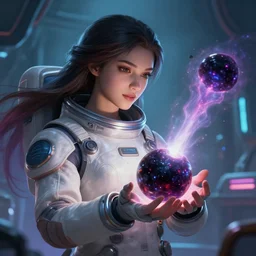 league of legends concept art beautiful young female scientist in space suit holding small black hole in her hands, long hair, futuristic laboratory in background, black hole with plasma jets, art by charles liu, close - up profile shot, fantasy style, soft lighting, vibrant color scheme, female portrait, ultra detailed, volumetric lighting, octane render, commission art, 8 k wallpaper