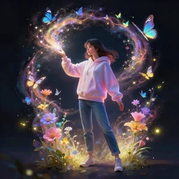 full shot, long shot, wide shot young woman in a hoodie, jean pants, sneakers, enchanting an illusory spell. butterflies, flowers, fireflies, spirits, digital painting, detailed, colorful aura, 8 k, trending on artstation, smooth, sharp focus artwork by mark arian, artgerm, mark keathley, greg rutkowski