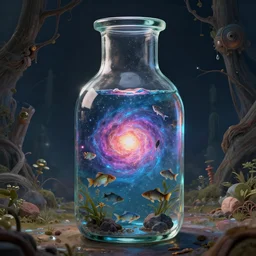 the universe in a bottle of water filled with fishes, trending on art station, very detailed, detailed background