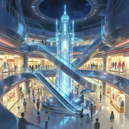 interior of pristine intergalactic spaceship, department shopping mall, complex escalator system, futuristic glowing temple with fashion mannequins display, at night and cluster of shopping customers, by makoto shinkai, moebius!, oliver vernon, joseph moncada, damon soule, manabu ikeda, kyle hotz, dan mumford, by kilian eng