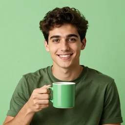 portrait of a ( ( ( una taza de cafe grande y verde ) ) ), ( ( guapo joven caliente espanol alegre ) ), nubes y magia, el sol, concept character, by greg rutowski and tezuka and oi and mucha and bierstadt and remington, trending on artstation