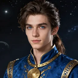 beautiful portrait of a incredibly handsome young male wearing a fancy blue tunic, and a gold medallion!! around neck, art by wlop and artgerm, steampunk fiction, detailed deep blue eyes, elongated face, dark brown hair, in ponytail!!!, space background, trending on artstation, sharp focus, illustration, caustics, octane render, 4 k, radiant light