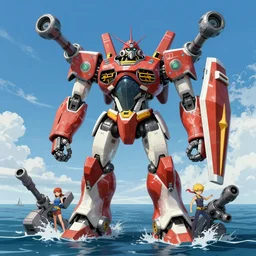a giant robot on ocean, random shape, random weapons, random color, pacific rim style, highly detailed, trending on artstation, art by vladimir motsar and emika lightweaver and nicholas cort and paul pepera