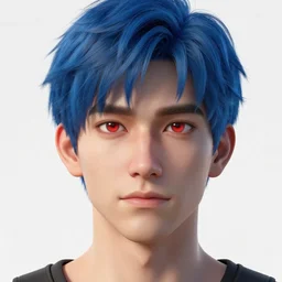 3D render of a man with blue hair,red eyes,octane render,ray tracing,super detailed,hyperdetailed,detailed face,professional model,professional lighting,3 point lighting,soft shadows,photorealistic,4k